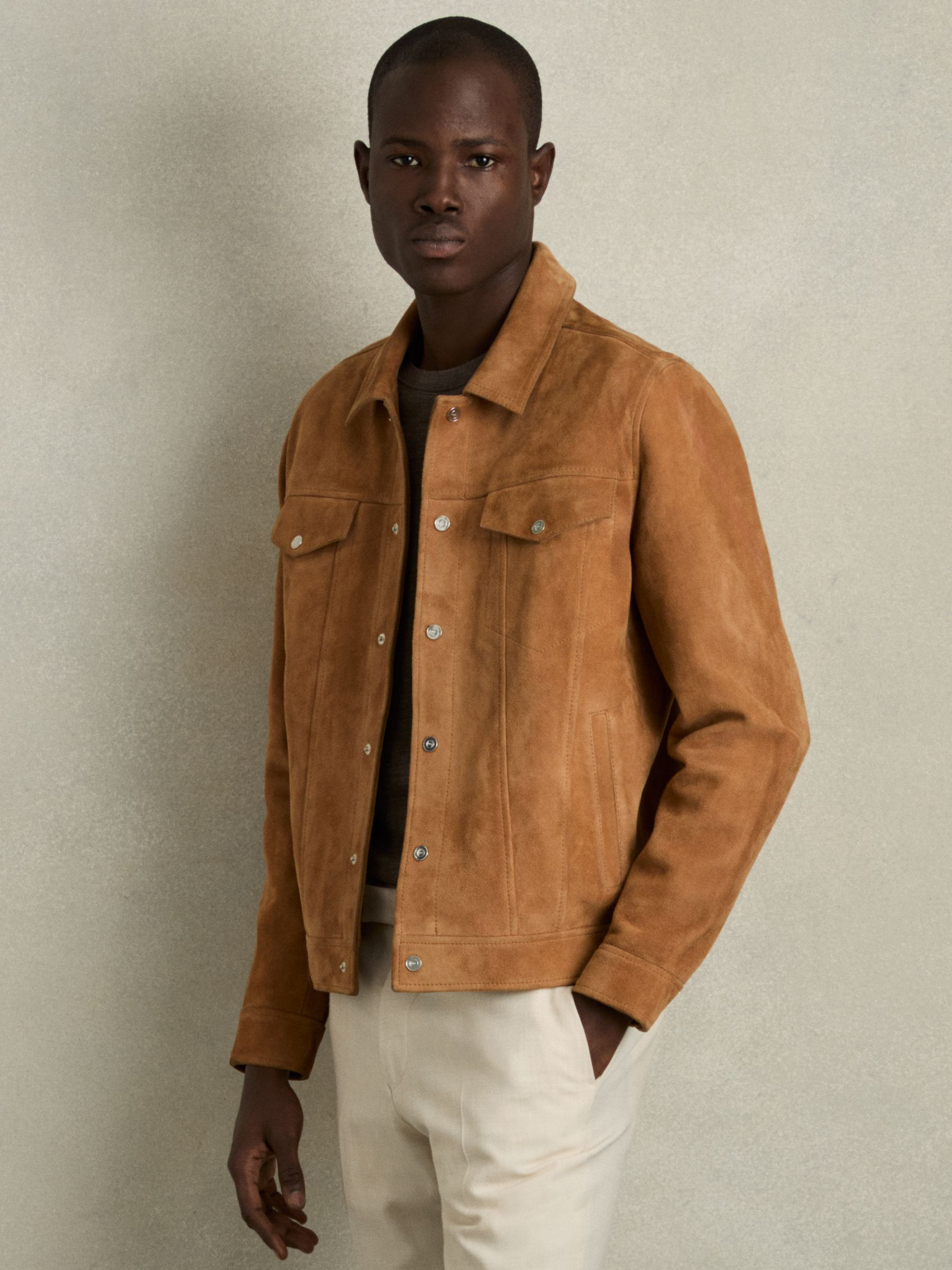 Suede Trucker Jacket in Tobacco Brown | Reiss UK