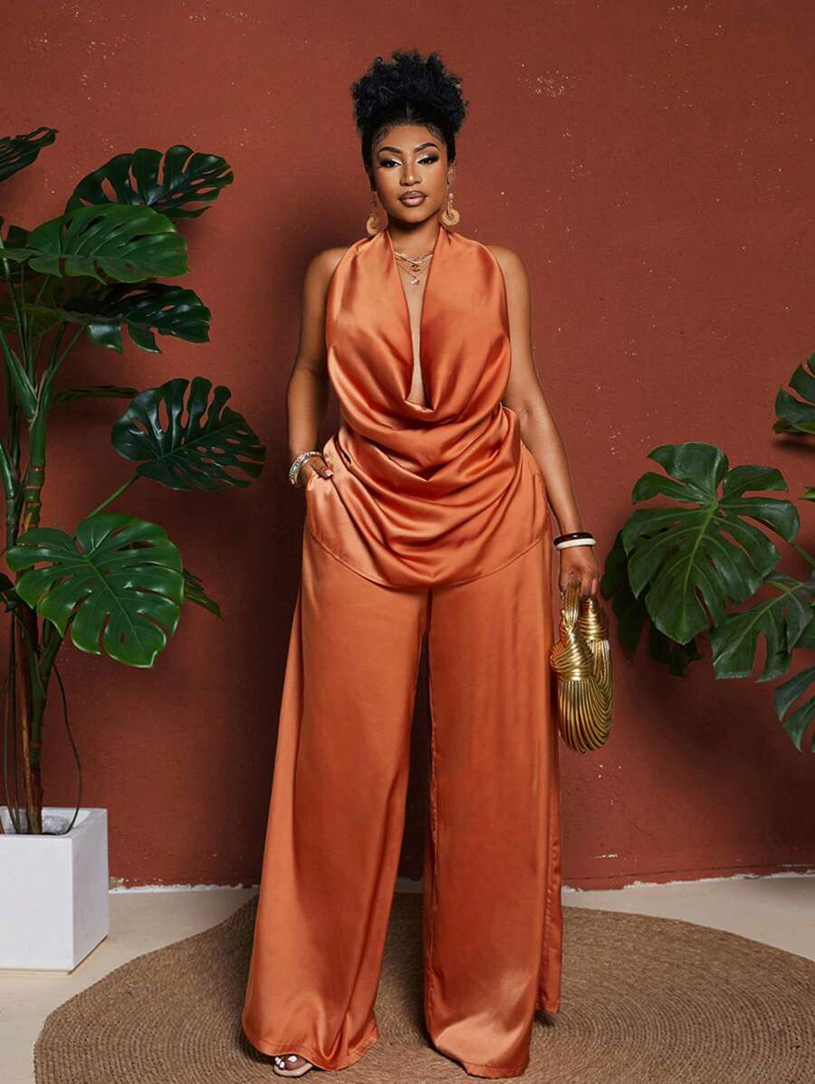 Maweii Plus Size Vacation Sexy Solid Color Draped Neck Backless Halter Top And Pants 2 Pieces Set | SHEIN
