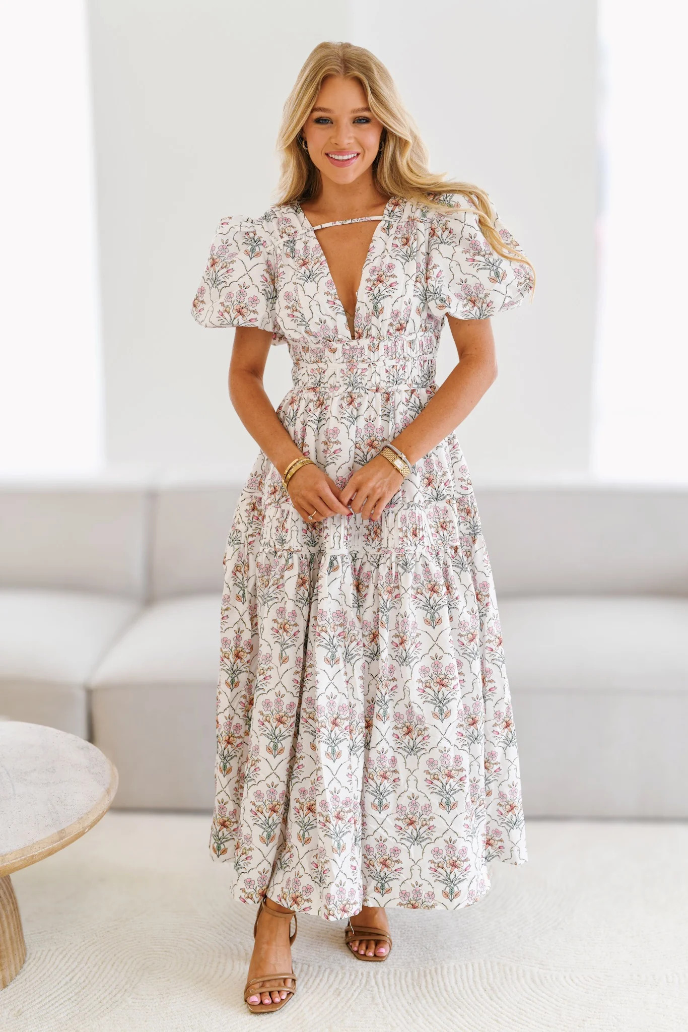 Dorva Puff Sleeve Midi Dress-White Multi | Fancyd Boutiqe