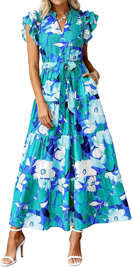 dowerme Women Summer Maxi Dresses 2026 Ruffle Sleeve V Neck Floral Boho Long Dress Belted Tiered ... | Amazon (US)