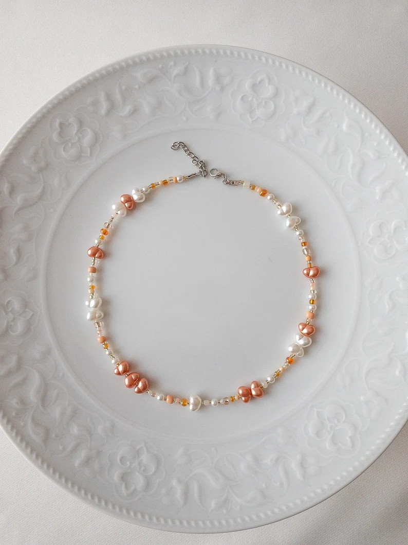 Orange Mixed Bead and Pearl Adjustable Necklace, Dainty Orange Pearl Layering Choker, Summer Aest... | Etsy (US)