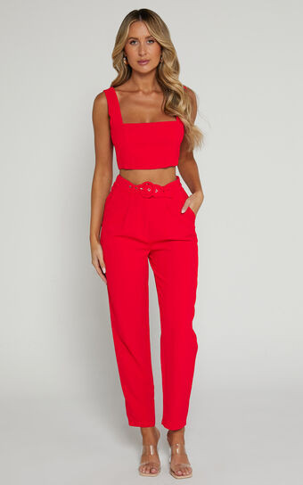 Reyna Two Piece Set - Crop Top and Tailored Pants Set in Red | Showpo (US, UK & Europe)