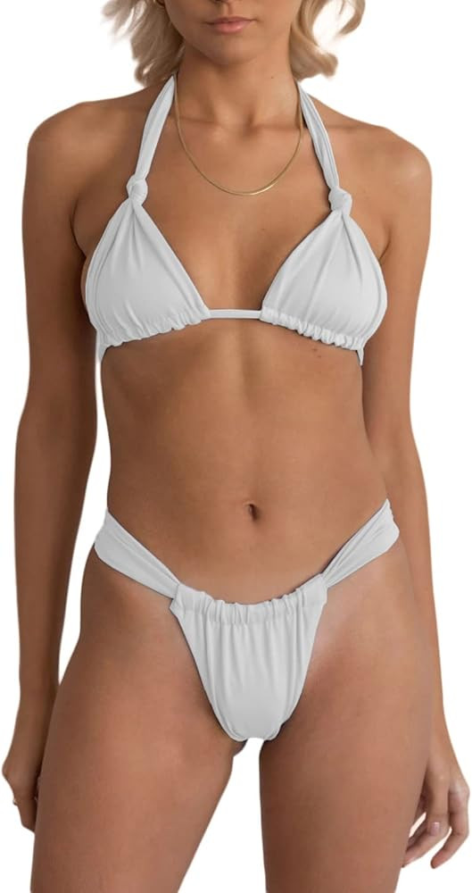 Women Two Piece Swimsuits Halter Triangle String Bikini Sets Sexy Ruched Brazilian Cheeky Thong B... | Amazon (US)