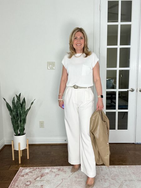 Cream colored vest with pocket. Runs tts. Lightweight. Cream colored trousers. Run tts. Very roomy/relaxed. Favorite suede pumps in taupe and faux leather jacket runs tts. 

#LTKstyletip #LTKSeasonal #LTKfindsunder100