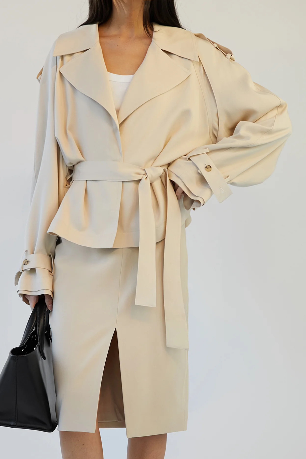 CROPPED FLOWY TENCEL TRENCH COAT | OAK + FORT
