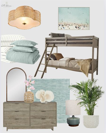 Coastal beach bedroom vibes.🐚Everything is from Walmart. Bunk bed, mirror, vanity, rug, flush mount light, bedding, art, day palm, coastal decor. 

#LTKStyleTip #LTKHome