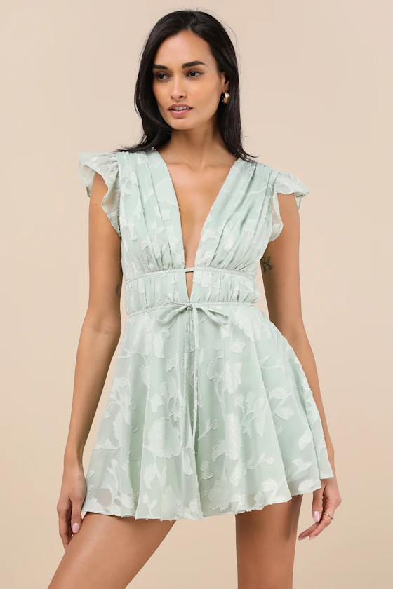 All About The Flowers Mint Green Burnout Floral Ruffled Romper | Lulus