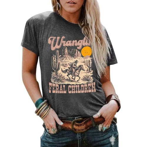 Wrenpies Western Cowgirl Shirts for Women Vintage Country Cowboy Rodeo Graphic Tees Retro 90s Raccoon Funny Tshirts Tops (Deep Gray,L) | Amazon (US)