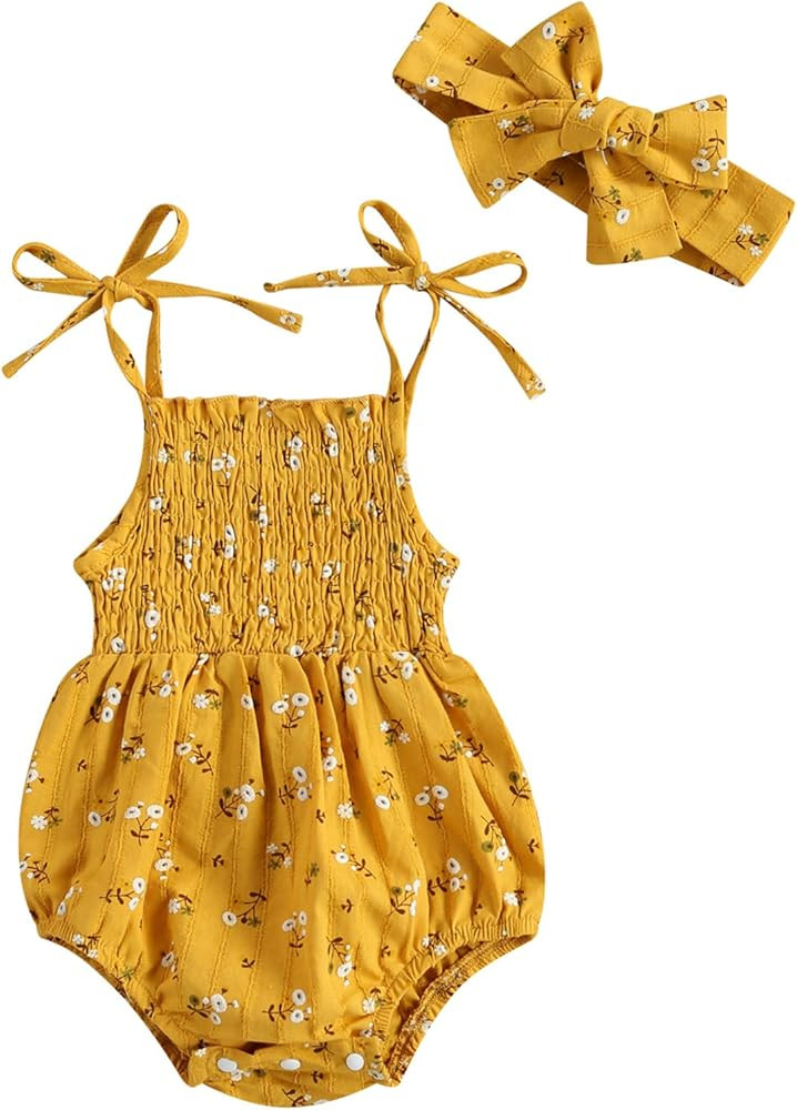 Baby Girls Strap Sleeveless Romper Off Shoulder Jumpsuit Floral Halter Bodysuit Tank Tops Summer Clo | Amazon (US)