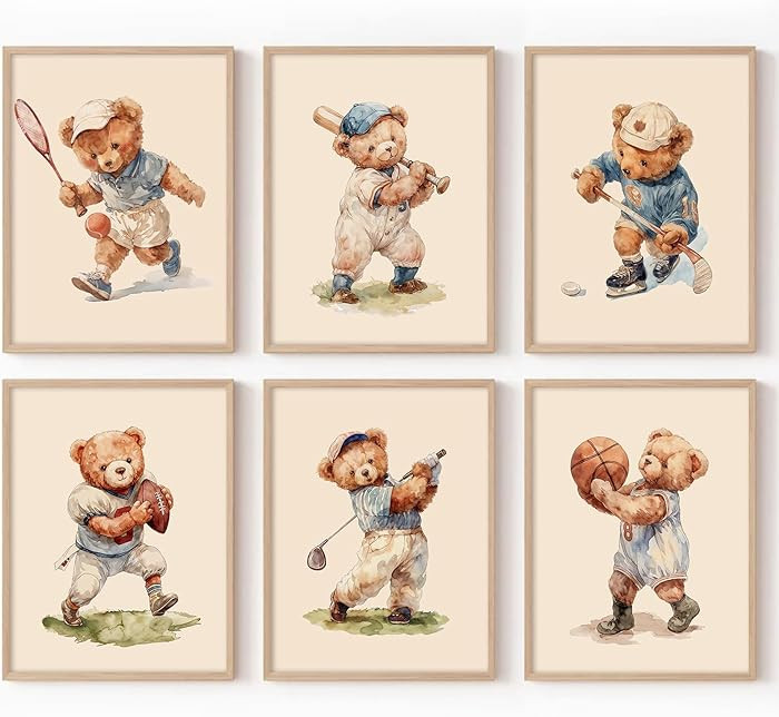 Olctedo Nursery Bear Wall Art Boy Sports Canvas Wall Decor Baby Nursery Prints Vintage Teddy Bear... | Amazon (US)