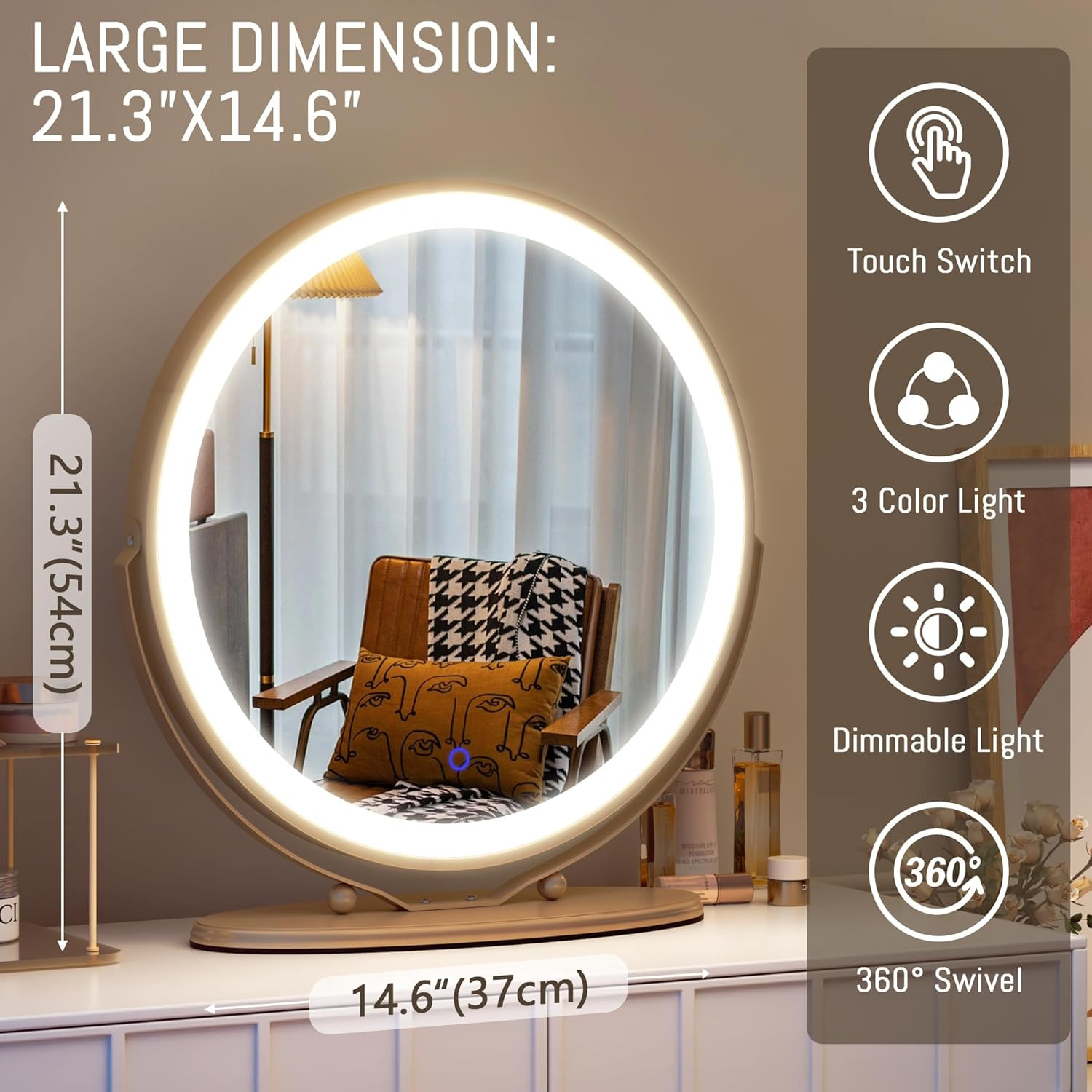 LVSOMT 20" Vanity Makeup Mirror with Lights, 3 Color Lighting Dimmable LED Mirror, Touch Control,... | Amazon (US)