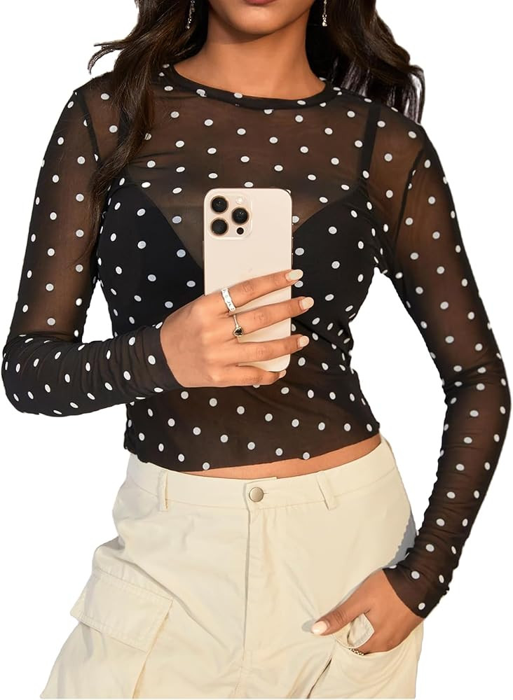 SHENHE Women's Polka Dots Sheer Mesh T Shirt Long Sleeve Round Neck Slim Fitted Streetwear Top | Amazon (US)