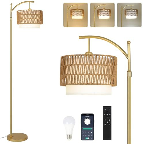 Gold Floor Lamps for Living Room with Remote & Dimmable LED Bulb, Modern Arc Floor Lamp with 3 Color Temperatures, Boho Standing Lamp with Rattan & Fabric Shades, Adjustable Tall Lamp for Bedroom | Amazon (US)