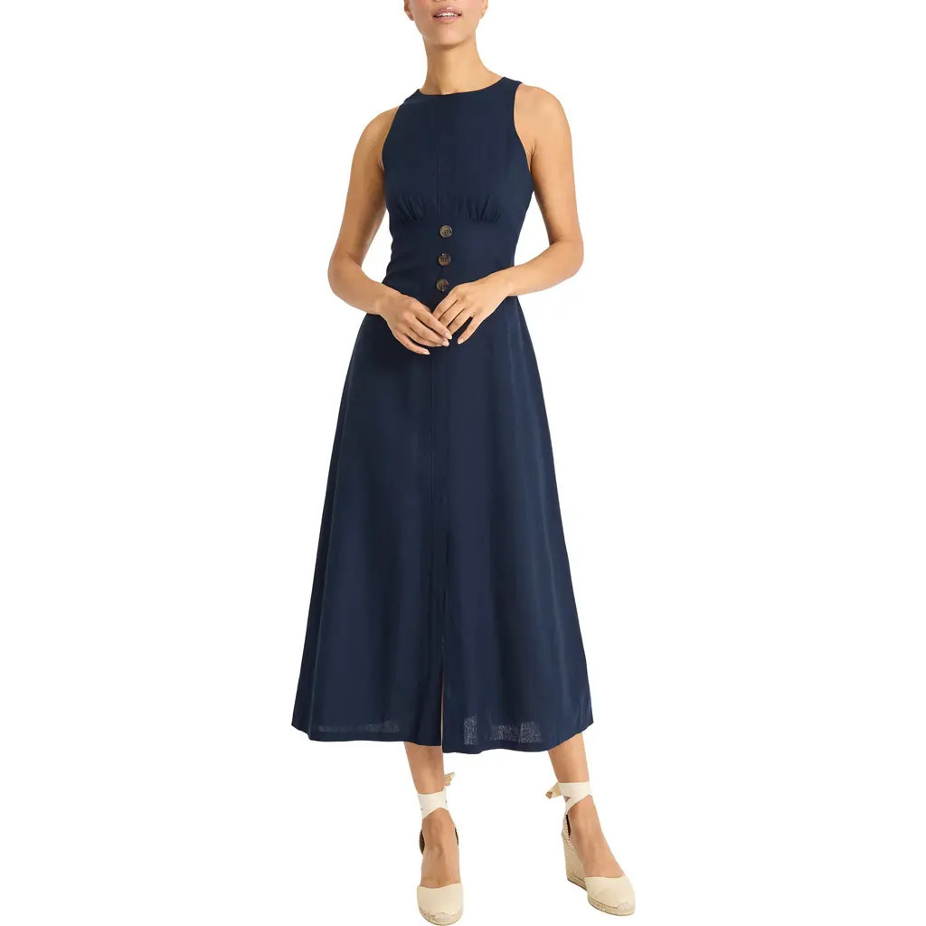 Maggy London Sleeveless Linen Blend Fit & Flare Dress in Navy Blazer at Nordstrom, Size 2 | Nordstrom