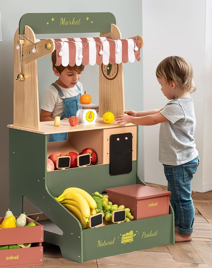 ROBUD Pretend Play Grocery Store with Lights, Supermarket Playset for Kids, Interactive Wooden Pl... | Amazon (US)