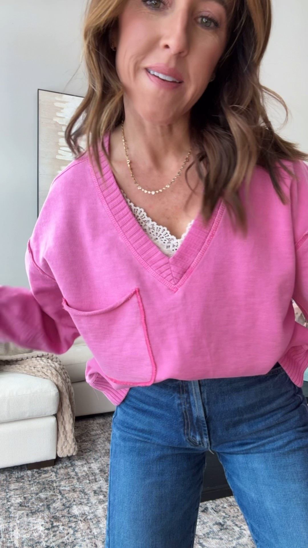 Add a lace layer underneath for extra interest. 
Xxs tank
XS pink sweatshirt 

#LTKgrwm #LTKOver40 #LTKSeasonal