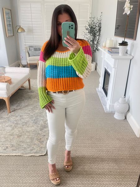 Women's Square Neck Pointelle Pullover crochet knit Sweater. Bright stripes. Cute for the beach or as a swim cover. Pair with jeans or shorts.

I am wearing size M and I’m 5’2”
Pointelle knit pullover sweater
Wide, square neckline
Long sleeves with slightly flared shape
Midweight, 100% cotton fabric


#LTKFind #LTKunder50 #LTKstyletip