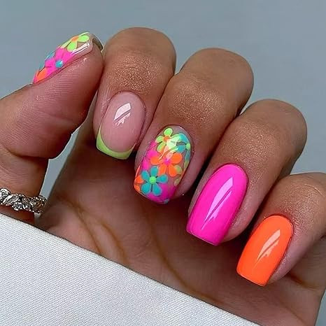 Square Press on Nails Medium Fake Nails with Colorful Flower Designs Full Cover Nails Press ons G... | Amazon (US)