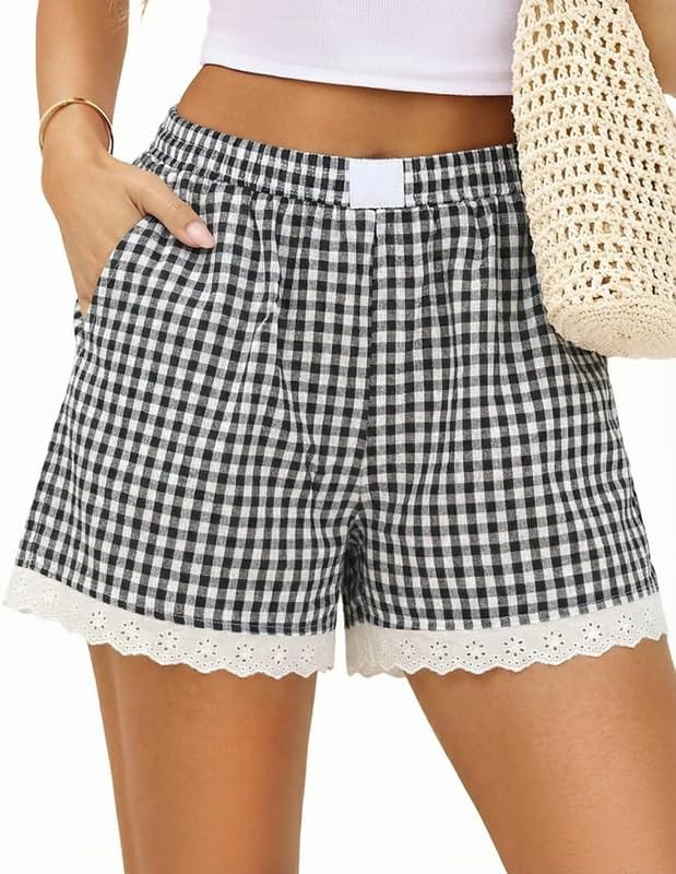 Marvmys Womens Boxer Shorts Cotton Pajama Bottoms Summer Gingham Ruffle/Lace Shorts Casual Y2K Be... | Amazon (US)