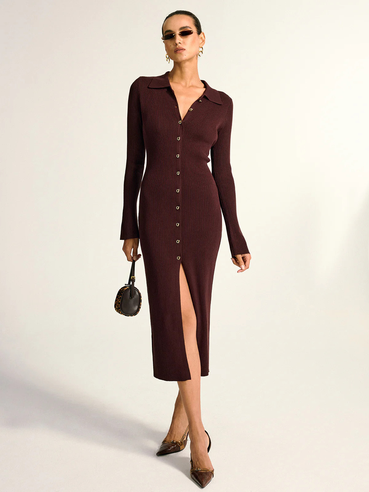 Metal Button Collar Ribbed Knit Midi Dress | Commense