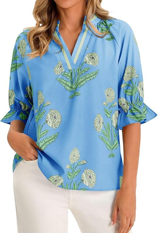 Cicy Bell Womens Boho Floral Blouses Puff Ruffle Sleeve V Neck Summer Shirts Dressy Casual Flowy ... | Amazon (US)