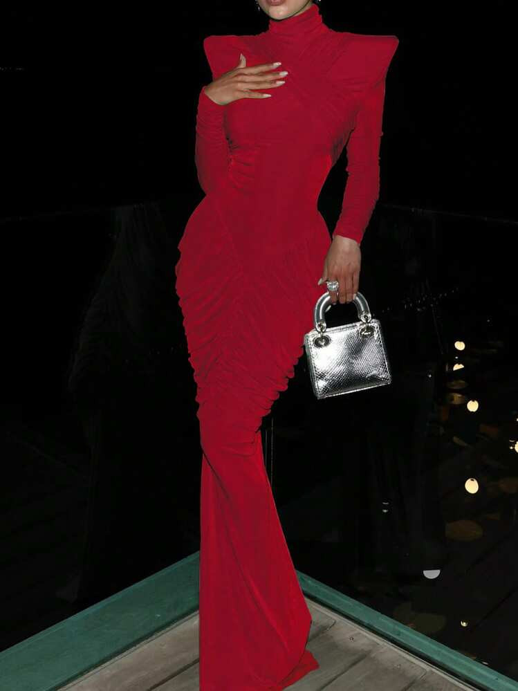 Nuevo Vestido De Unicolor Con Cuello Alto, Ajustado Y Con Espalda Descubierta, Sexy Para Mujeres | SHEIN
