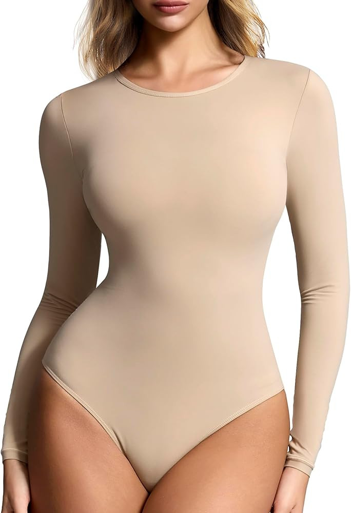 Women’s Crew Neck Long Sleeve Bodysuits - Double lined Body Suit T Shirts Basic | Top Fall Wint... | Amazon (US)