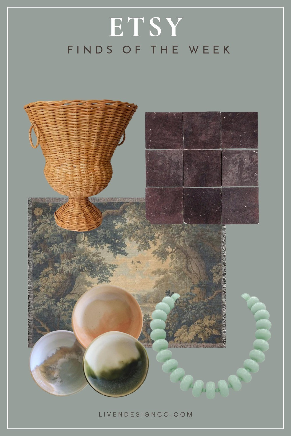 Etsy finds of week. Rattan urn vase. Brown tile. Tapestry wall hanging. Ceramic bowls. Turquoise bead statement necklace 

#LTKSeasonal #LTKHome #LTKSaleAlert