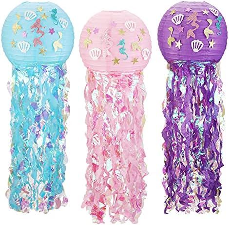 Mermaid Hanging Jellyfish Paper Lanterns, 3 Pack Mermaid Themed Glitter Hanging Jellyfish Paper L... | Amazon (US)