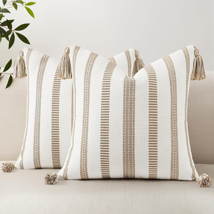 Smile Bee Outdoor Striped Pillow Covers 18x18 Set of 2 Khaki and White | Amazon (US)