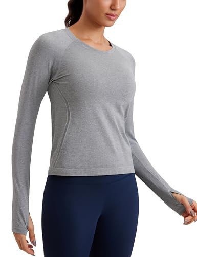 CRZ YOGA Seamless Long Sleeve Shirts for Women Waist Length - Workout Athletic Running Gym Yoga Tops Crewneck Breathable Slate Grey Marl XX-Small | Amazon (US)