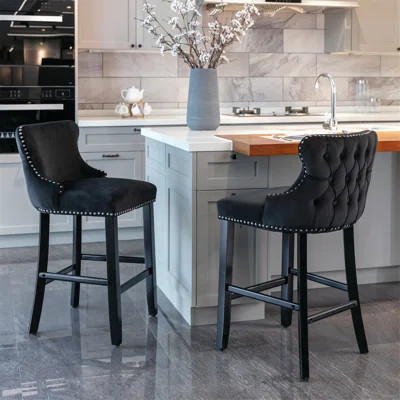 Set of 2 Contemporary Velvet Wing-Back Bar Stools - Mid-Century Modern Design with Button Tufting, Chrome Nailhead Trim & Solid Wood Legs, Plush High- | Wayfair North America