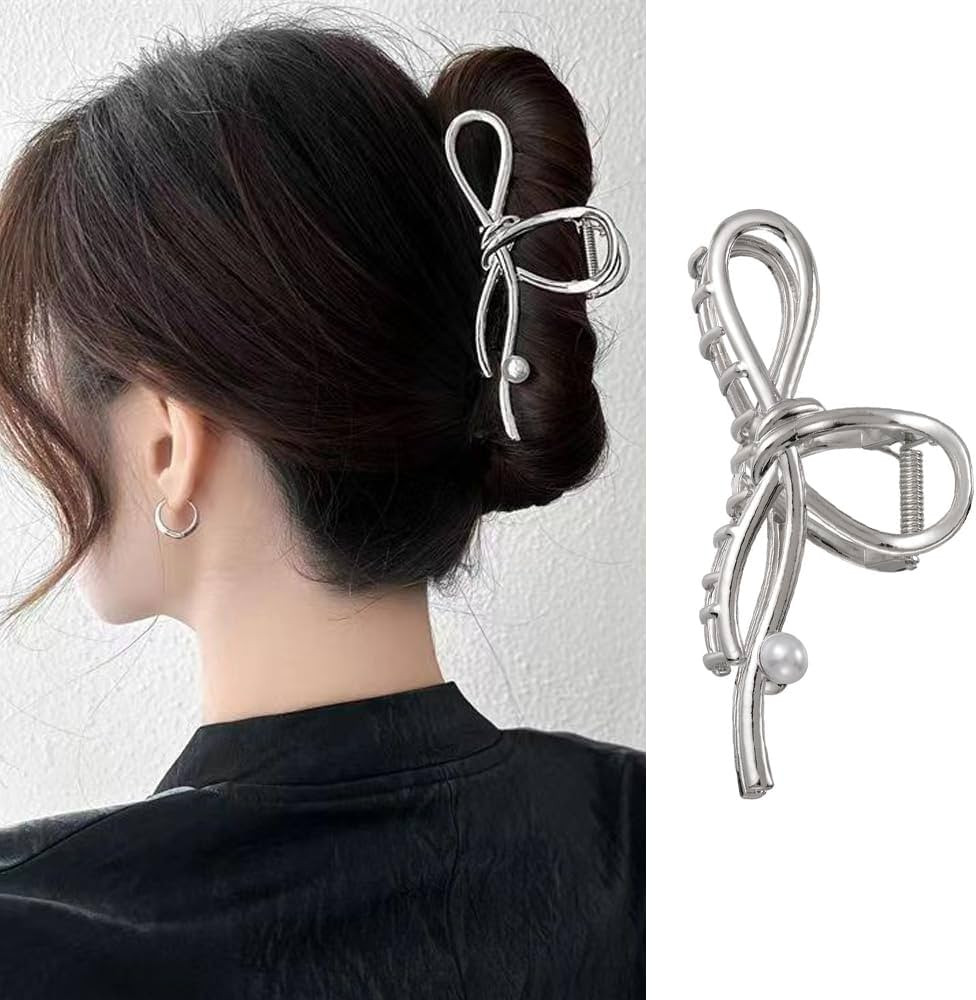 Silver Large Hair Claw Clips Metal Hair Clip Bow Hair Clips with White Pearls Design Non-Slip Hai... | Amazon (US)