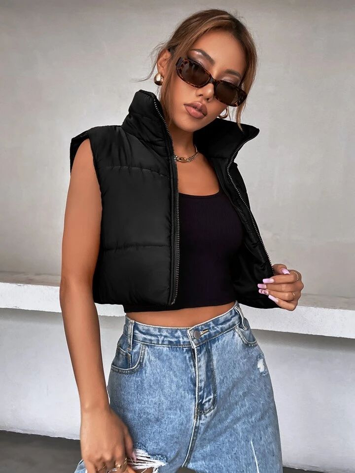 SHEIN EZwear Sleeveless Zip Up Crop Vest Puffer Coat | SHEIN