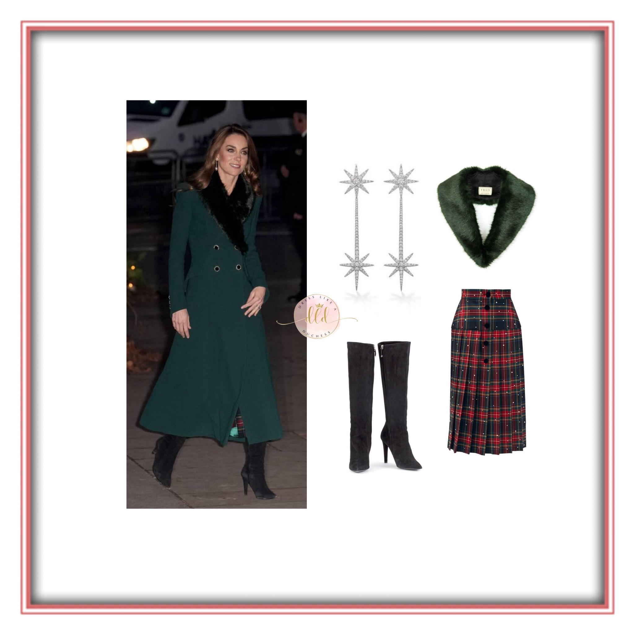 12/5/25 Princess Kate Middleton at her Christmas concert in Catherine Walker coat + Troy London faux fur collar + Robinson Pelham Tsar earrings + what’s believed to be a crystal embellished plaid midi skirt from Miu Miu (ID UFO no More) 
