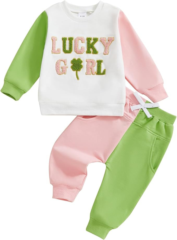 St. Patrick Day Baby Girl Outfit Clover Letter Long Sleeve Sweatshirt Top Elastic Pants Toddler B... | Amazon (US)