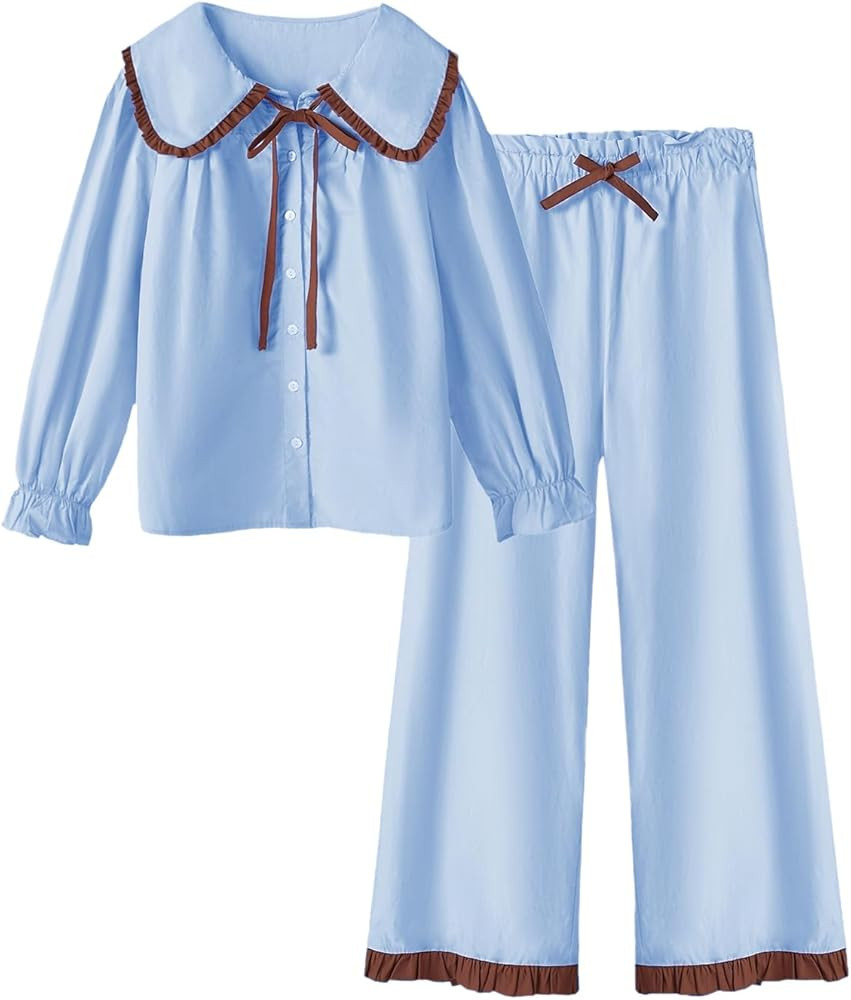 Tankaneo Womens Tie Front Pajama Set Peplum Babydoll Shirt and Wide Leg Pants Cute 2 Piece Lounge... | Amazon (US)