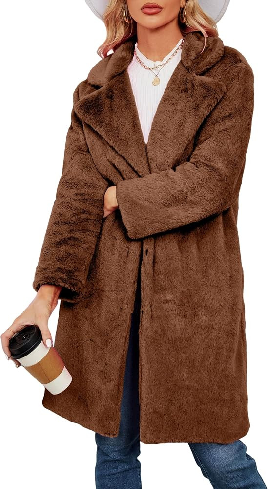 Women's Faux Fur Coat Fuzzy Warm Winter Long Fur Jackets Cardigan Outerwear with Pockets Overcoat | Amazon (US)