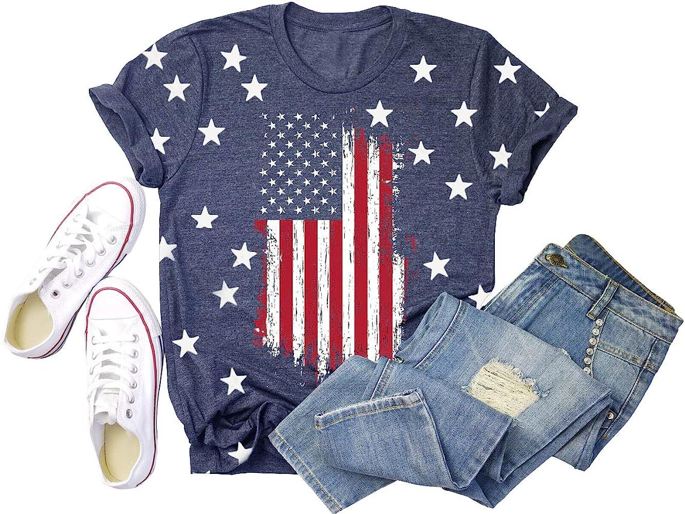 GEMLON Women 4th of July Shirt American Flag Tshirt USA Stars Stripes Patriotic Shirt Print T-Shi... | Amazon (US)