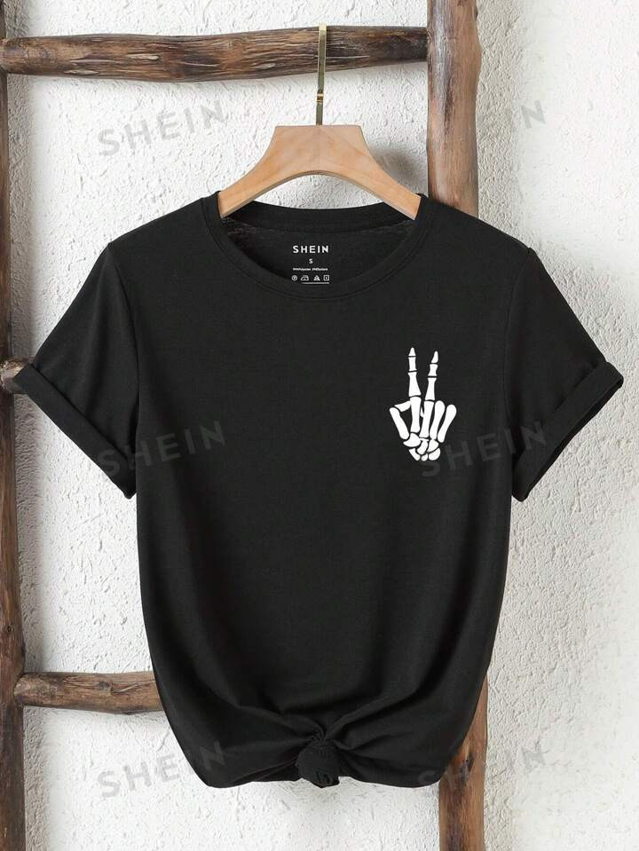 SHEIN LUNE Skeleton Hand Print Tee | SHEIN USA | SHEIN