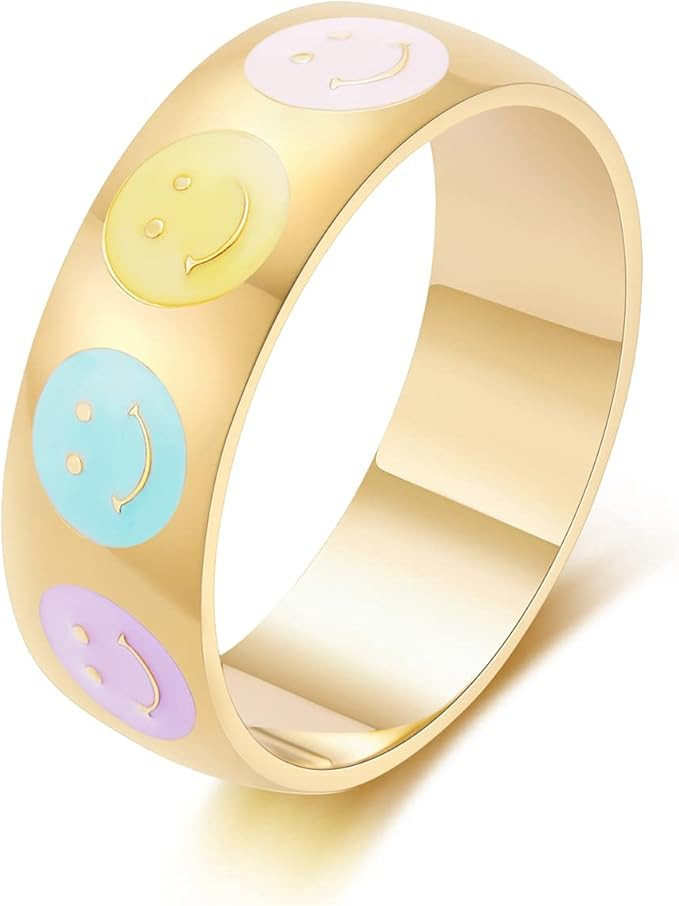 Wellike Smiley Face Rings Cute Rose Gold Rings Flower Star Colorful Enamel Band Rings Stainless S... | Amazon (US)