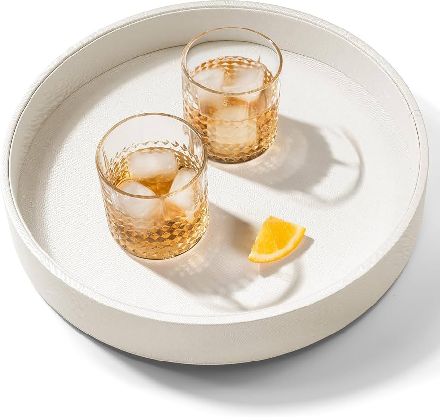 12.6 Inch Round Serving Tray, Home Decorative LeatherOttoman Wooden Decor Platter Bathroom Vanity... | Amazon (US)