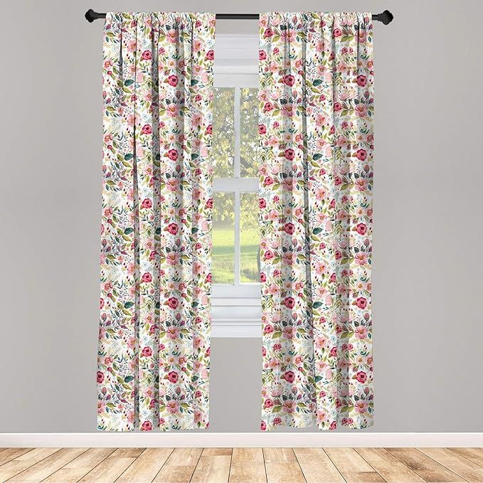 Ambesonne Floral Spring Curtains 2 Panel Set, Watercolor Effect Jumble Flowers Herbs and Leaves M... | Amazon (US)