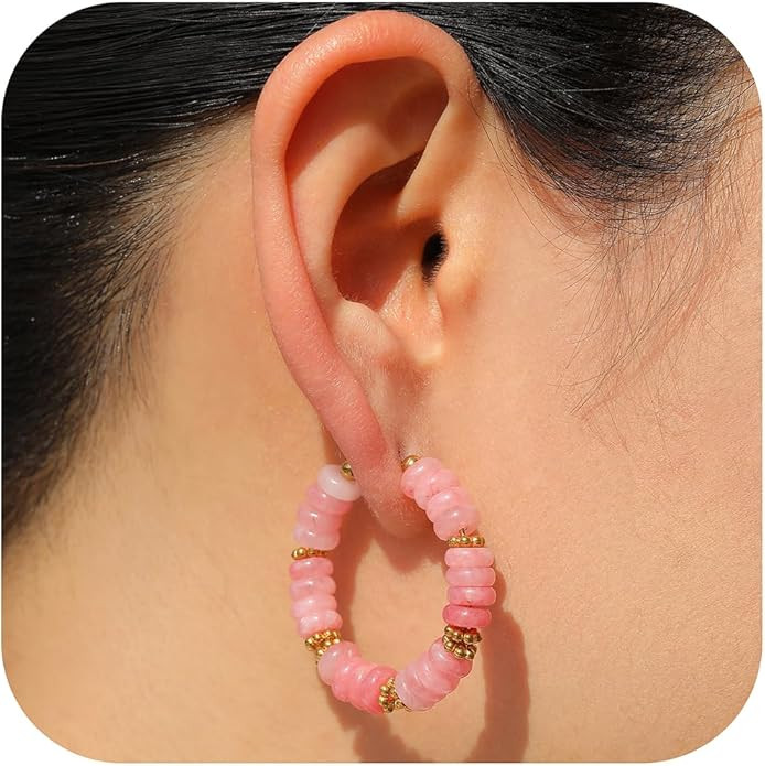 Wellike Beaded Hoop Earrings for Women Natural Stone Pink Gold Huggie Earrings Hypoallergenic Dai... | Amazon (US)