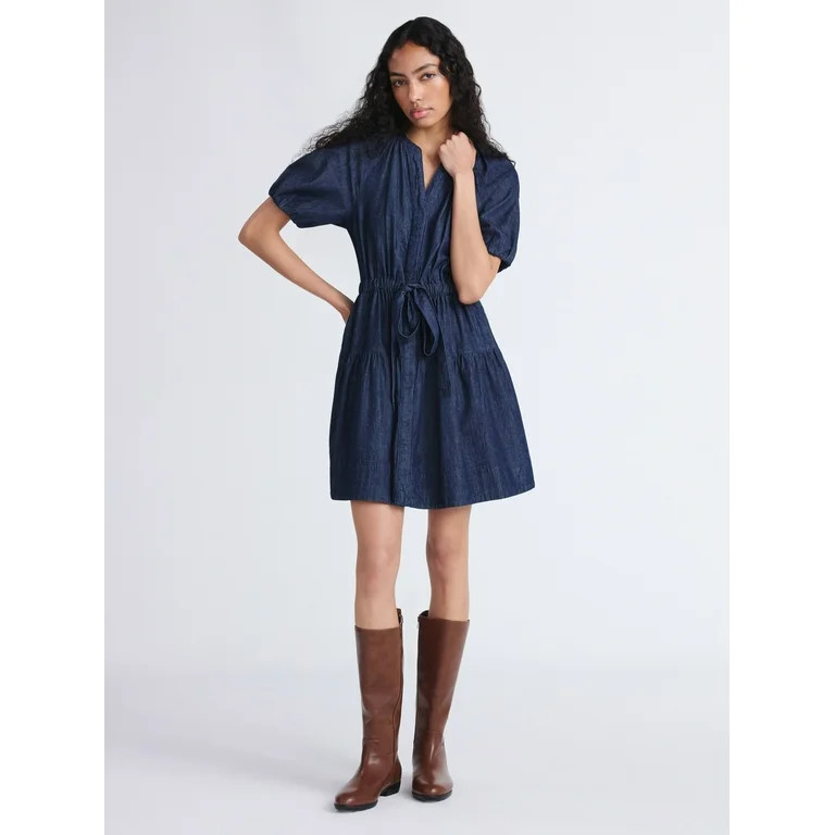 Free Assembly Women's Denim Tiered Mini Dress with Puff Sleeves, Sizes XS-XXL | Walmart (US)