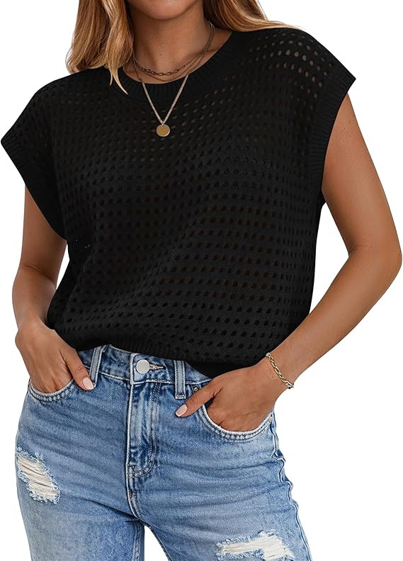 Zeagoo Womens Spring Summer Crochet Tops Cap Sleeve Sweater Vest Hollow Out Pullover Shirts Beach... | Amazon (US)