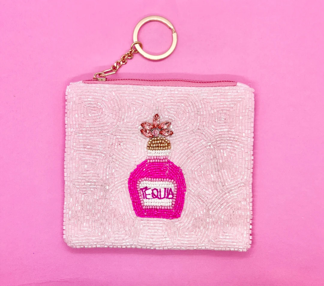 Beaded Coin Purse With Pink Tequila Bottle on Front and Gold Keyring Zipper - Etsy | Etsy (US)