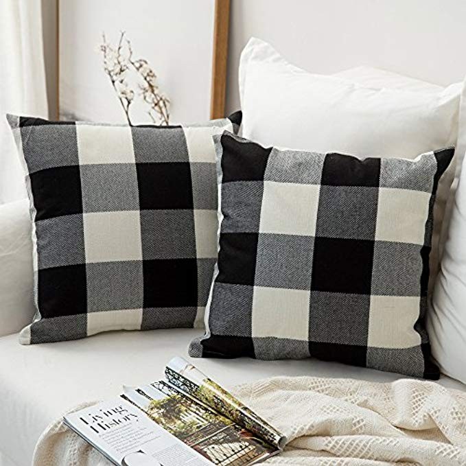 MIULEE Pack of 2, Classic Retro Checkers Plaids Cotton Linen Soft Soild Decorative Square Throw Pill | Amazon (US)