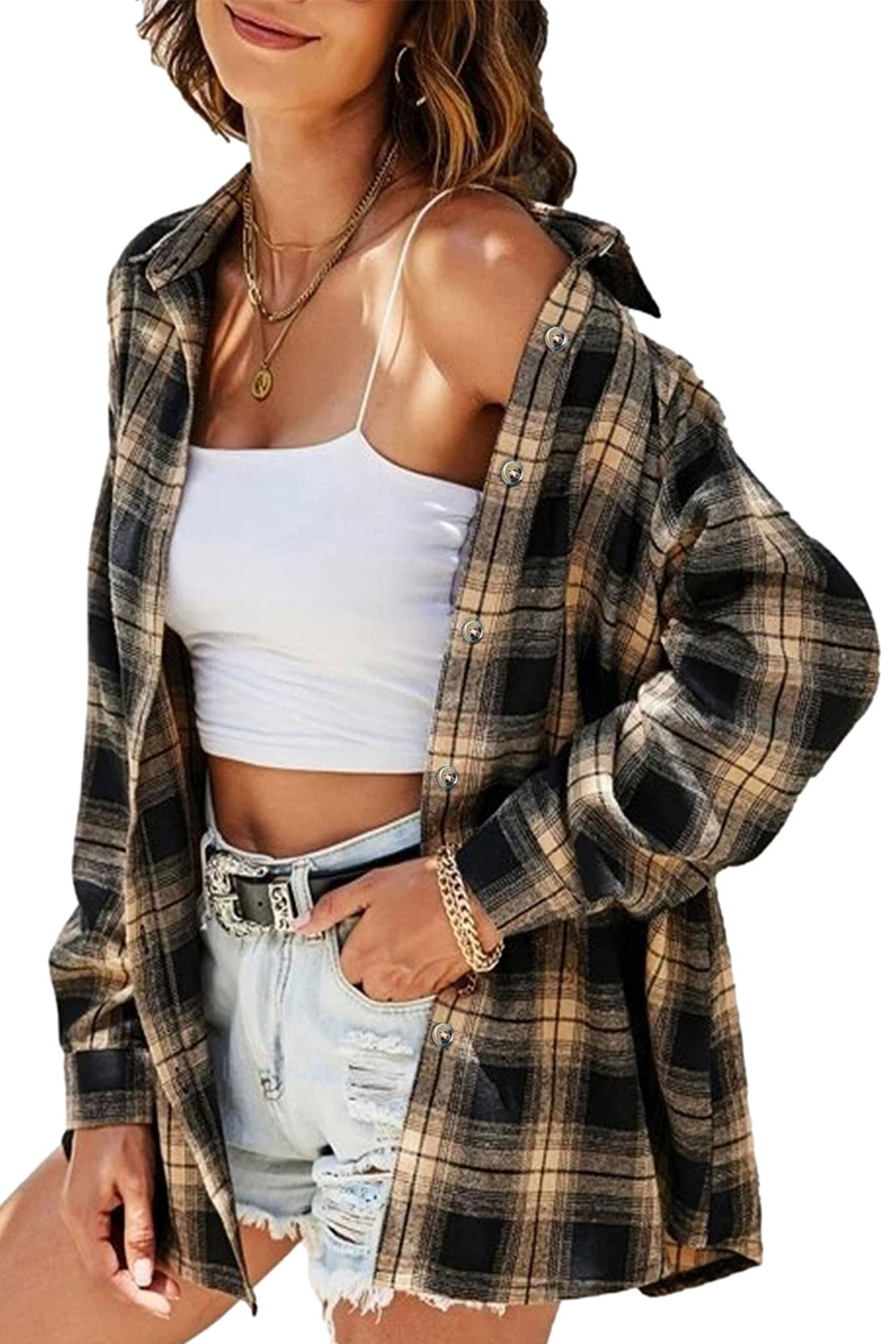 UVN Plaid Shirt for Women Oversized Flannel Long Sleeve Shirts Casual Button Down Blouse Tops wit... | Walmart (US)