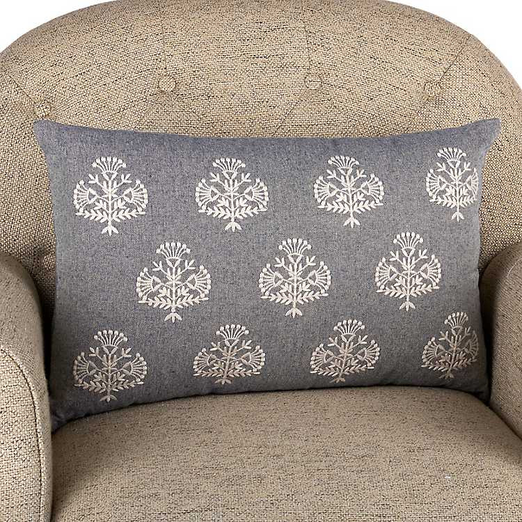 Faded Blue Embroidered Floral Lumbar Pillow | Kirklands